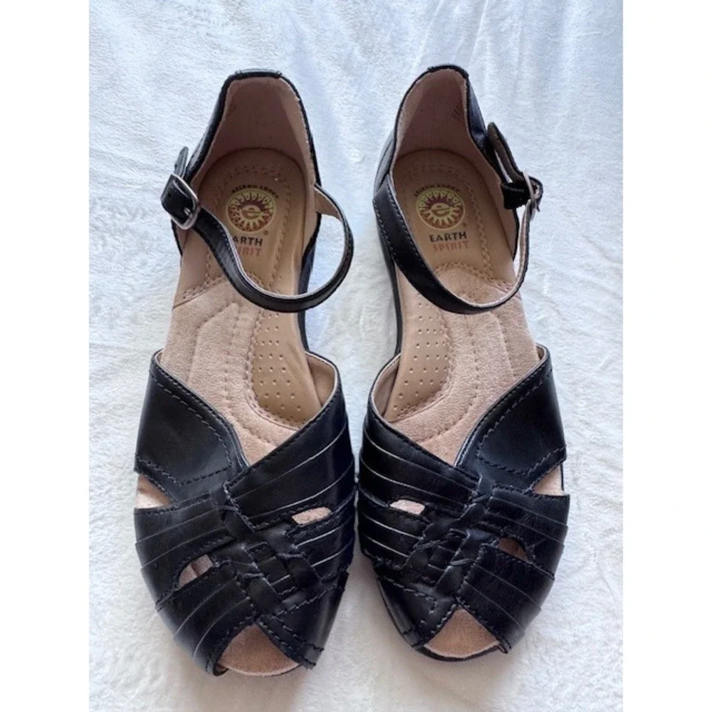 Earth Spirit Elena Black Leather Woven Ankle Strap Sandals Shoes Womens 5.5 37